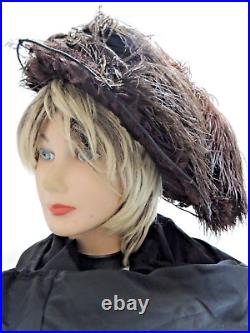 Antique Edwardian Vict. Woman's Brown Black Ostrich Feathered Hat Lg Brim Lavish