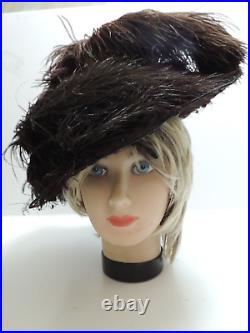 Antique Edwardian Vict. Woman's Brown Black Ostrich Feathered Hat Lg Brim Lavish