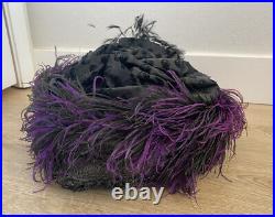 Antique Edwardian Victorian Black Polka Dot Hat With Faux Rose & Purple Feathers