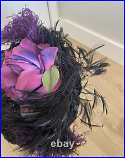Antique Edwardian Victorian Black Polka Dot Hat With Faux Rose & Purple Feathers