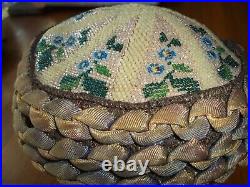 Antique Edwardian/Victorian HatFloral PatternGlass BeadsBraided SatinCap