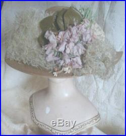 Antique Edwardian Wide Brim Straw Hat Ostrich Plumes Purple Flowers Lace Brooch