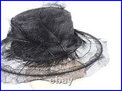 Antique Edwardian Wired Horse Hair Large Brim Hat W Feathers For Dress