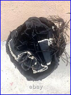 Antique Edwardian Womens Black Velvet Turban Style Hat