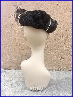 Antique Edwardian Womens Black Velvet Turban Style Hat