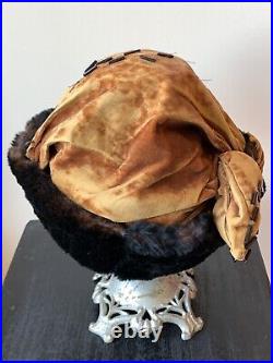 Antique Edwardian velvet mink fur trim beaded hat 1900's