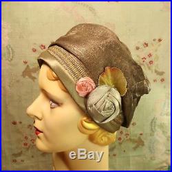 Antique Flapper Cloche Hat 1920s Womens metal lame ribbonwork Millinery Flowers