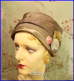 Antique Flapper Cloche Hat 1920s Womens metal lame ribbonwork Millinery Flowers