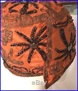 Antique Flapper Cloche Hat Art Deco'Aerial' Orange Silk Gold Thread & Blk Beads