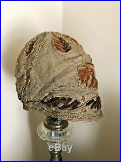 Antique Flapper Hat 1920s Helmet Cloche Cord Work Silk Chenille Embroidered Rare