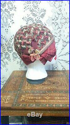 Antique Flapper Hat 1920s Helmet Cloche Silk stitching ribbon Embroidered Rare