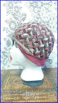 Antique Flapper Hat 1920s Helmet Cloche Silk stitching ribbon Embroidered Rare