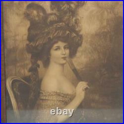 Antique Framed Print Woman in Plumed Hat with Fan