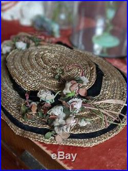 Antique French Hat Edwardian Straw Pink Flowers Antique Millinery 1900s 1910s