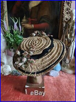 Antique French Hat Edwardian Straw Pink Flowers Antique Millinery 1900s 1910s