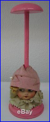 Antique German pink paper mache head hat stand large head