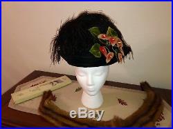 Antique Grand Edwardian Hat w Vintage Millinery Feathers Anthuriums