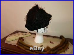 Antique Grand Edwardian Hat w Vintage Millinery Feathers Anthuriums