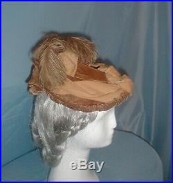 Antique Hat 1870's Brown Velvet Ribbon and feather Trim Victorian