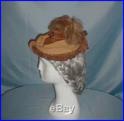 Antique Hat 1870's Brown Velvet Ribbon and feather Trim Victorian