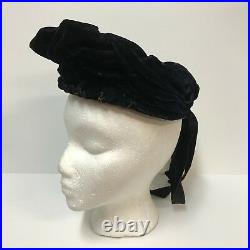 Antique Hat 1890s Victorian Womens Angled Dark Midnight Blue Velvet Chin Straps