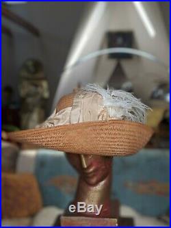 Antique Hat 1910s Dress Wide Brim Straw Hat with Ostrich Feathers Silk Interior
