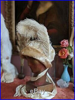 Antique Hat 1910s Velvet Bonnet Ostrich Feather Plume Edwardian Era Millinery
