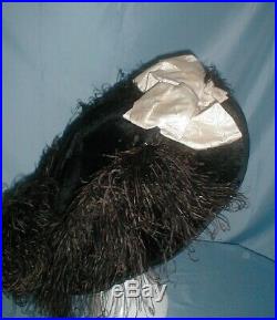 Antique Hat 1912 Edwardian Black Velvet Huge Brim Ostrich Feather Trim