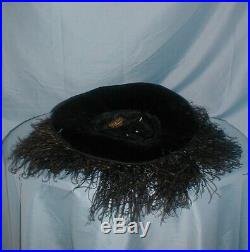 Antique Hat 1912 Edwardian Black Velvet Huge Brim Ostrich Feather Trim