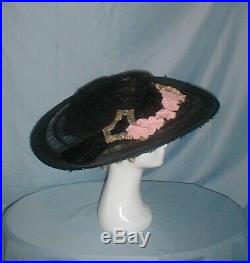 Antique Hat 1912 Edwardian Huge Brim Black Net Lace Floral Trim