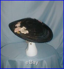 Antique Hat 1912 Edwardian Huge Brim Black Net Lace Floral Trim
