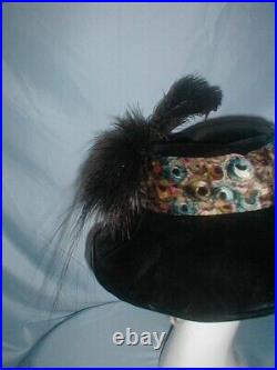 Antique Hat Edwardian 1910 to 1912 Huge Brim Black Velvet Printed Velvet Trim