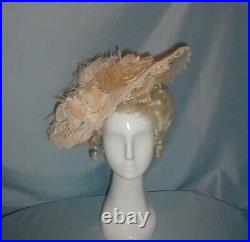Antique Hat Edwardian 1912 Wide Brim White Lace and Chiffon Feather and Floral