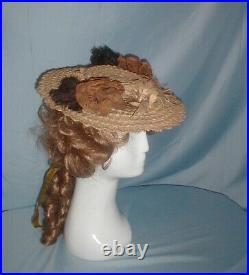Antique Hat Victorian 1860's Straw Ribbon Straw and Feather Trim