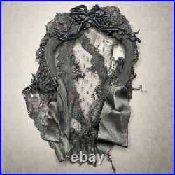 Antique Hat Victorian 1860s Black Silk Mourning Funeral 2-Piece Bonnet