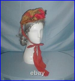 Antique Hat Victorian 1880's Beige Lace and Straw Trimmed Orange Ribbon Trim