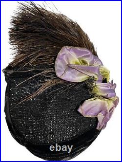Antique Hat Victorian 1880's Black Velvet Ribbon Trim satin ribbon Bonnet