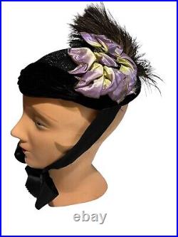 Antique Hat Victorian 1880's Black Velvet Ribbon Trim satin ribbon Bonnet