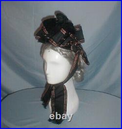 Antique Hat Victorian 1880's Black Velvet Ribbon Trimmed Bonnet Museum De-access