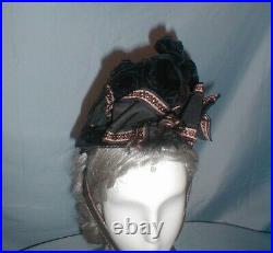 Antique Hat Victorian 1880's Black Velvet Ribbon Trimmed Bonnet Museum De-access