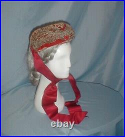 Antique Hat Victorian 1880's Red Velvet Metallic Lace and Chenille Velvet Trims