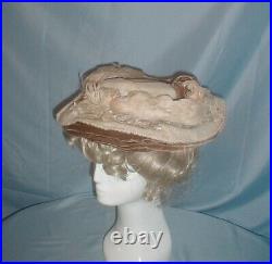 Antique Hat Victorian 1890's Tan Velvet Ivory Wool Rhinestone Trims