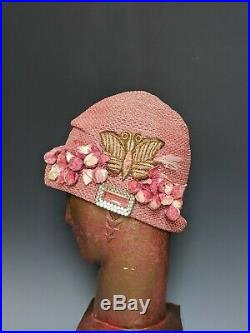 Antique Hat Vintage 1920s Dress Cloche Horsehair Pink Flapper Butterfly Hat