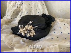 Antique Hat WWI Edwardian Titanic Era Wide Brim Hat Silk Flowers Ribbon Bow Vtg