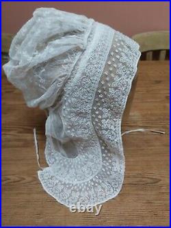 Antique Lace Bonnet Hat Vintage Original White Cotton Embroidery Day Cap