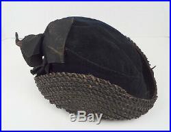 Antique Ladies Hat Black Straw Velvet Satin Bow 1800's Victorian Dress Riding