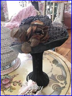 Antique Ladies Victorian Hat 1900 Steel Blue Millinery Rose Netting Velvet #L