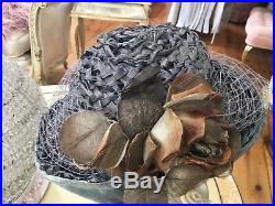 Antique Ladies Victorian Hat 1900 Steel Blue Millinery Rose Netting Velvet #L