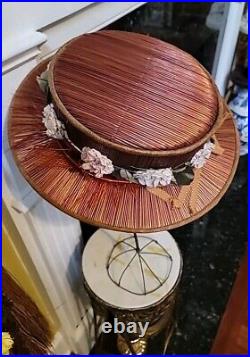 Antique Lady Wide Brim Hat Woven Straw Fabric Flowers Gold Metalic Fabric 1900