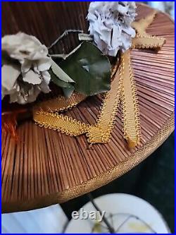 Antique Lady Wide Brim Hat Woven Straw Fabric Flowers Gold Metalic Fabric 1900